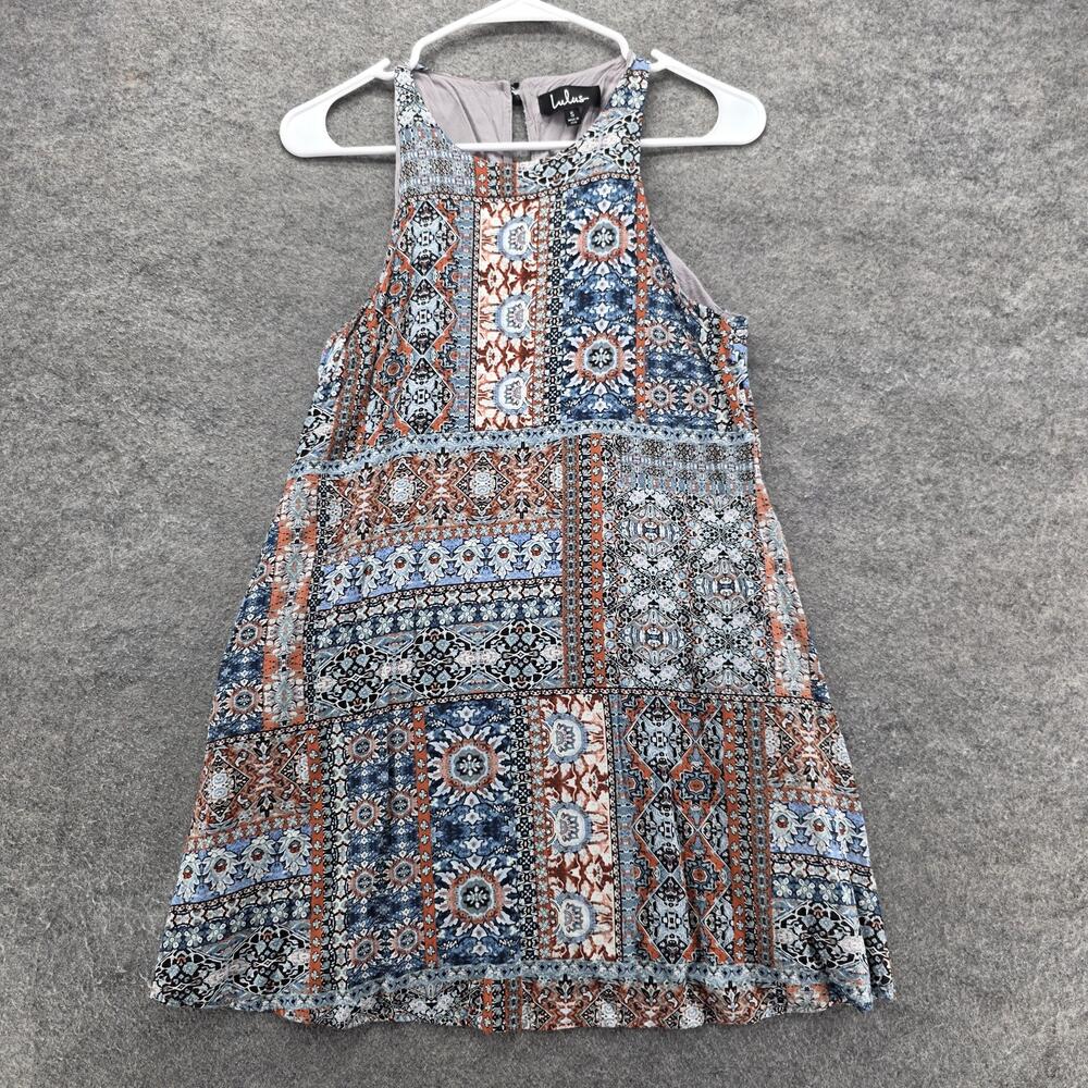 Lulus Dress Womens Small Blue Orange Boho Print High Neck Sleeveless Made USA